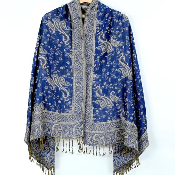 Royal Blue and beige reversible pashmina scarf shawl wrap, Unisex Holiday gift - Picture 2 of 4